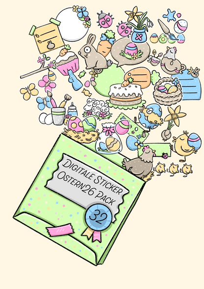 Das Oster-Paket – 32 handgezeichnete Motive für dein Osterfest  Hol dir den Frühling und die Vorfreude auf Ostern in deinen digitalen Planer